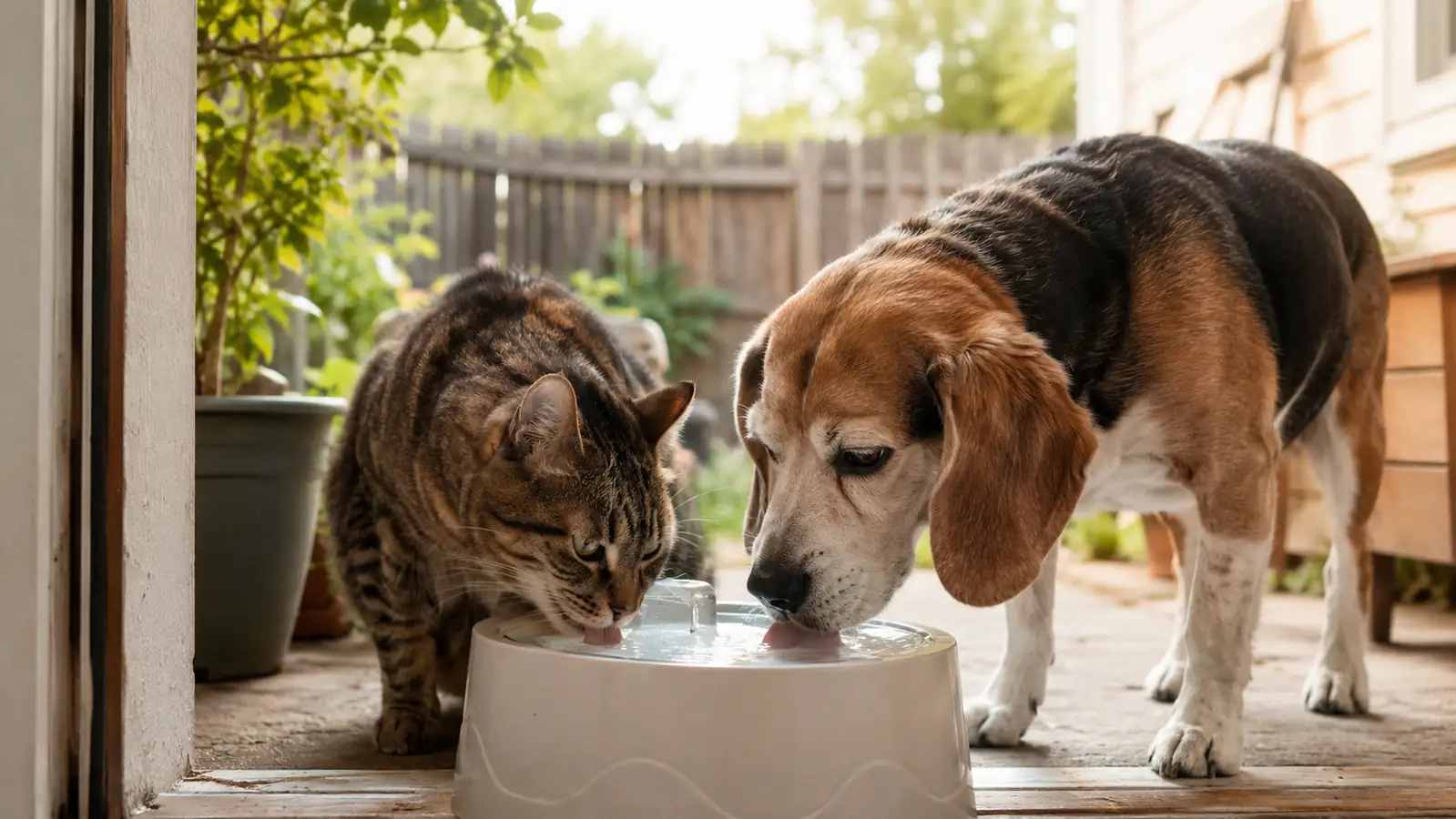Cat and senior beagle both drinking from the same pet water fountain