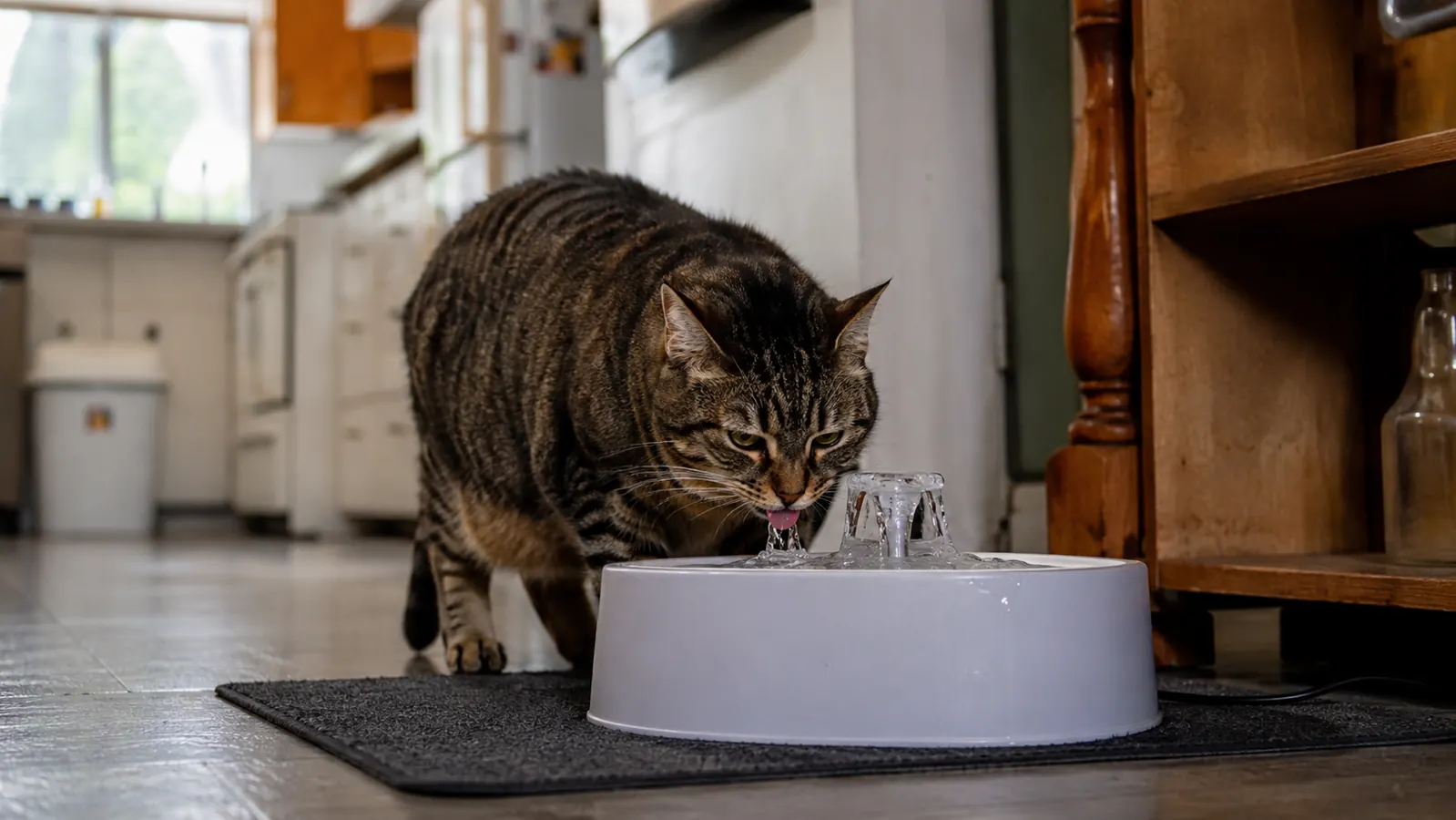 Tabby cat drinking from a running pet water fountain on a kitchen floor