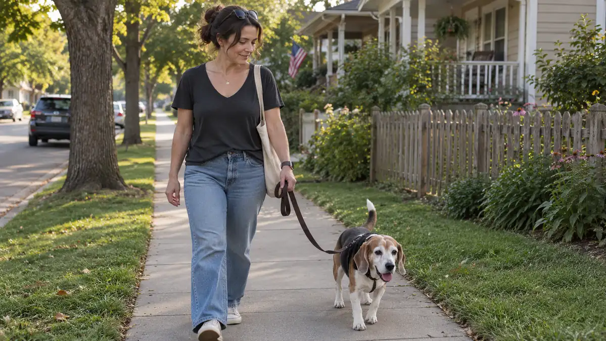 Senior dog walking comfortably next to its owner on a neighborhood sidewalk