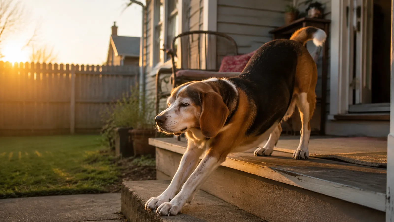 Senior Beagle standing slowly on a porch in soft morning light