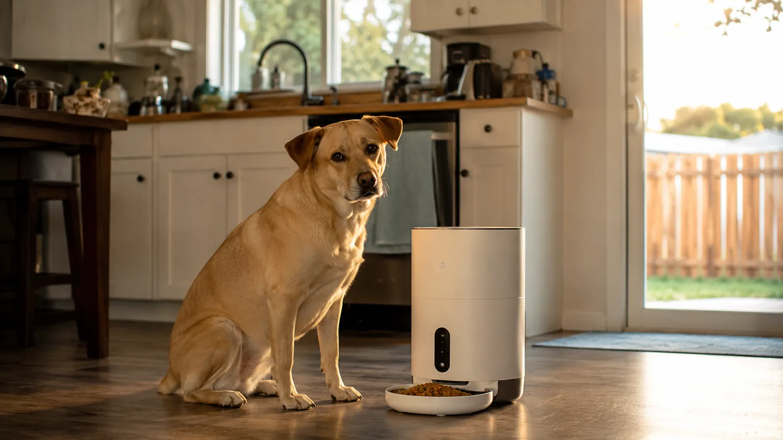 Golden hour kitchen scene with a dog waiting patiently beside an automatic pet feeder