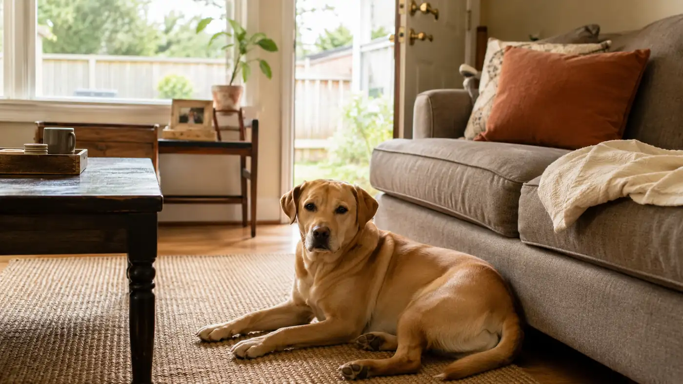 Clean living room floor and couch with no visible dog hair, a dog resting nearby