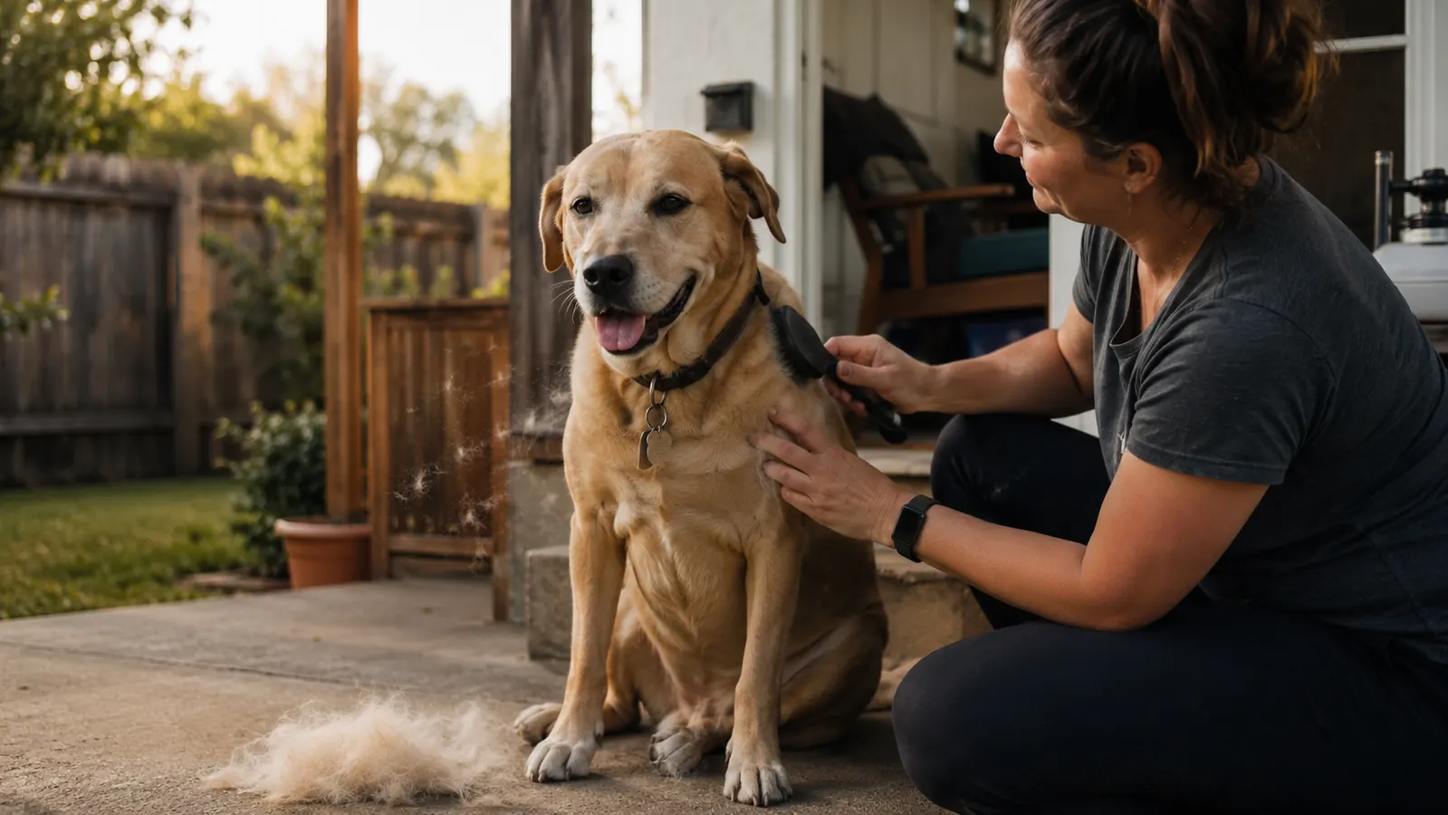 Lab mix dog being brushed outdoors with a small pile of loose fur on the ground beside him