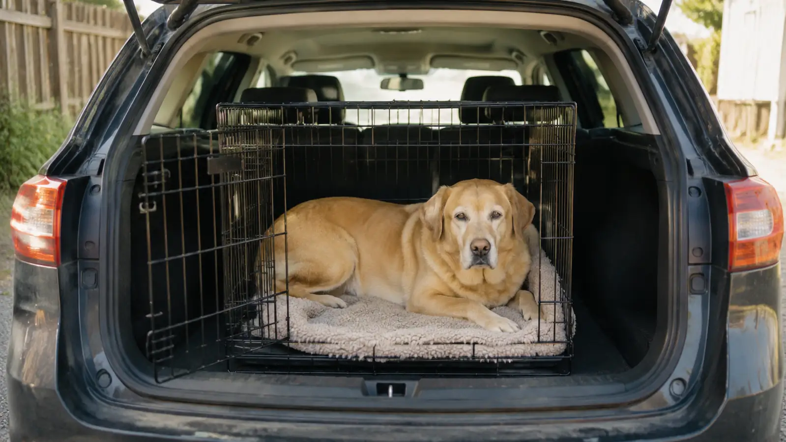 A dog resting calmly in a travel crate lined with a blanket in the back of a car
