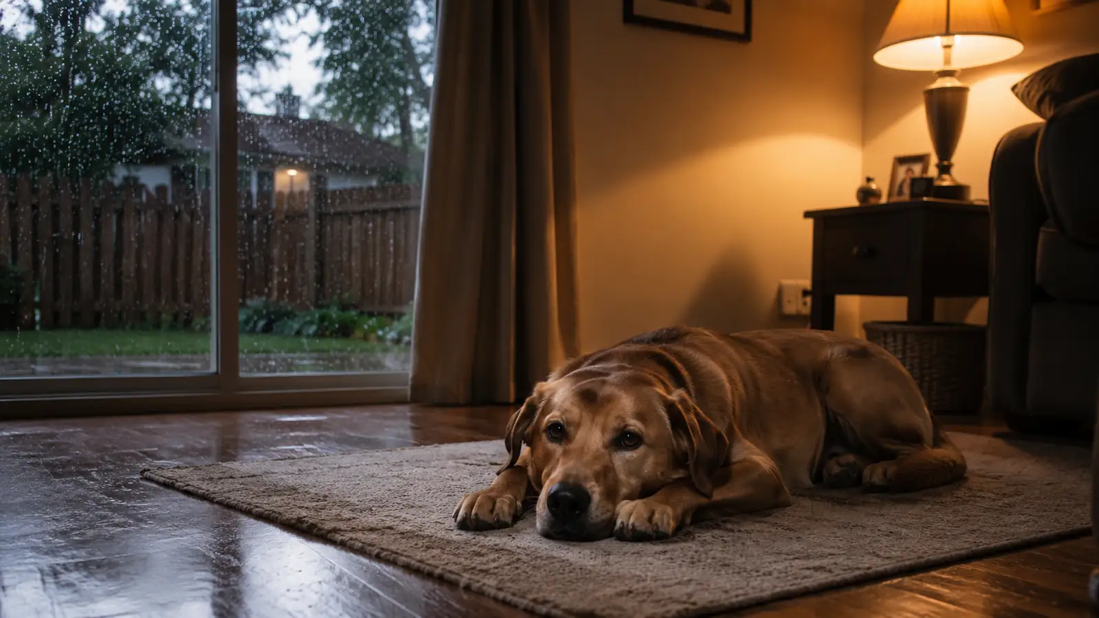 A Lab mix lying calmly on a living room rug during a rainstorm, house lights on, curtains drawn