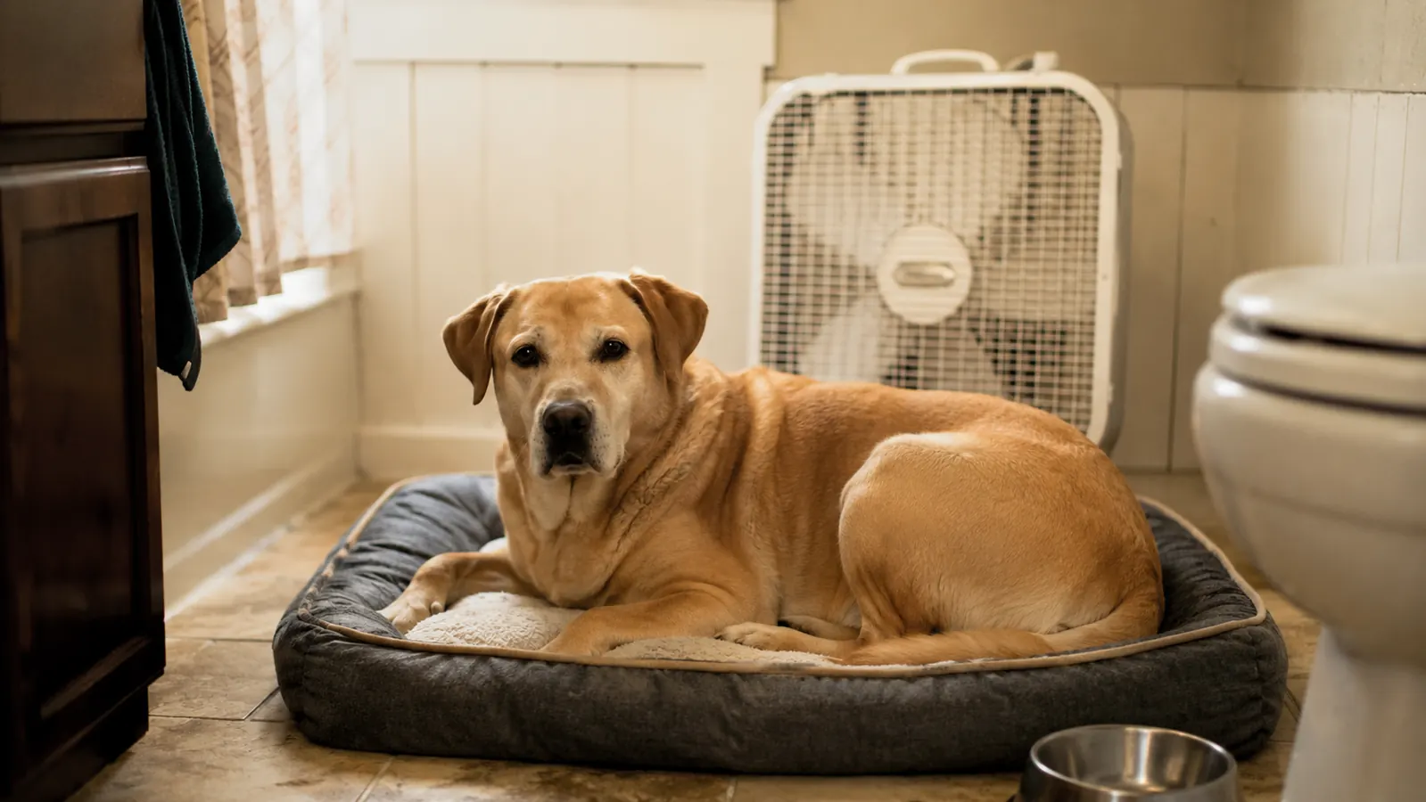 Lab mix dog resting calmly on a bed in a quiet bathroom safe space with a small fan running