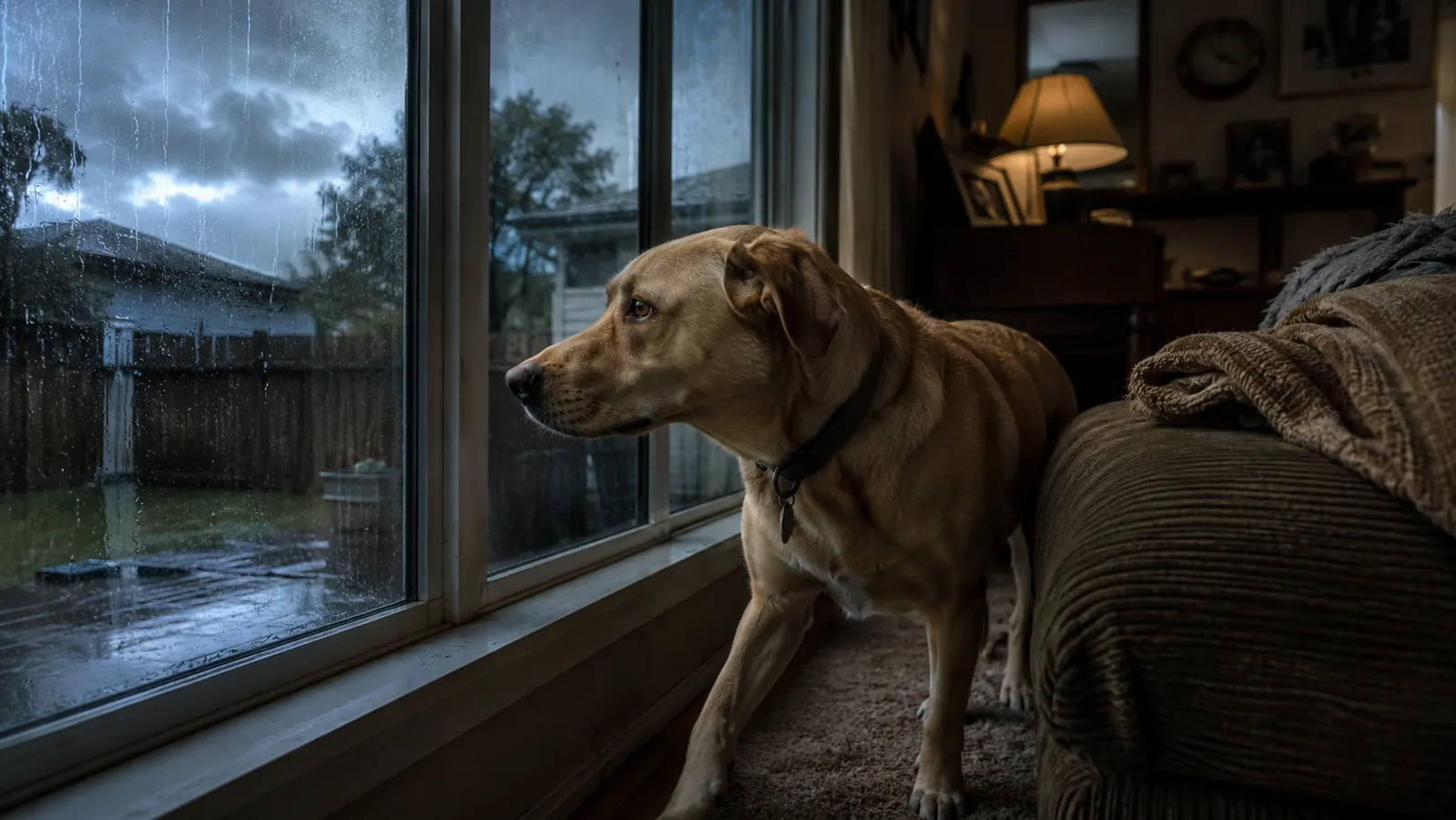 Anxious rescue dog pacing near a living room window during a thunderstorm