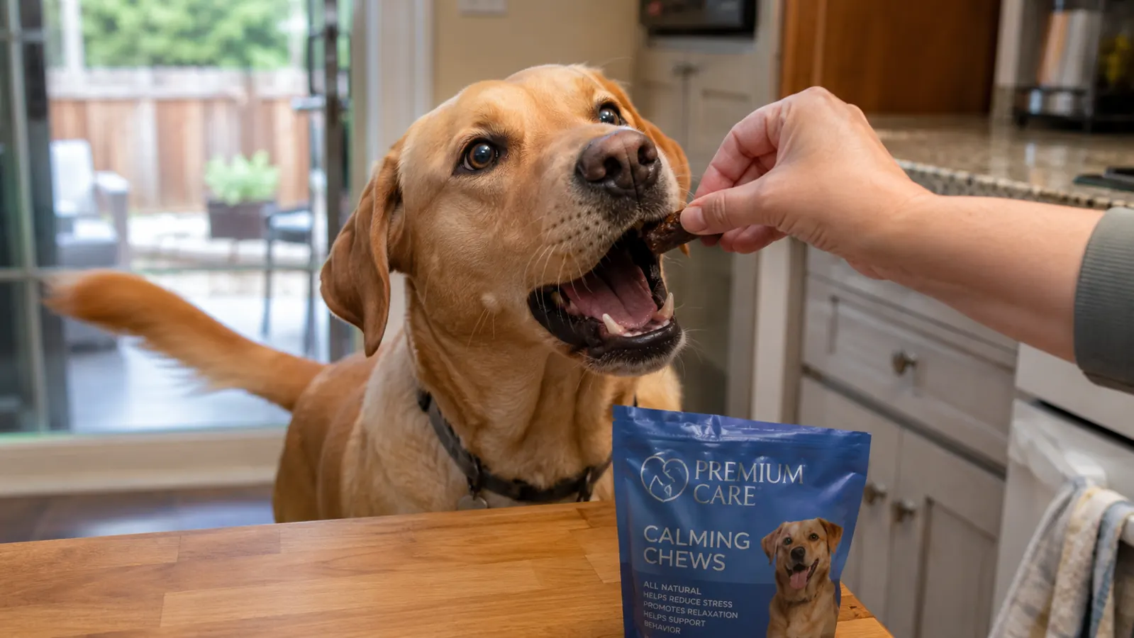 A food-motivated Lab mix dog eagerly taking a soft chew treat from a hand in a kitchen