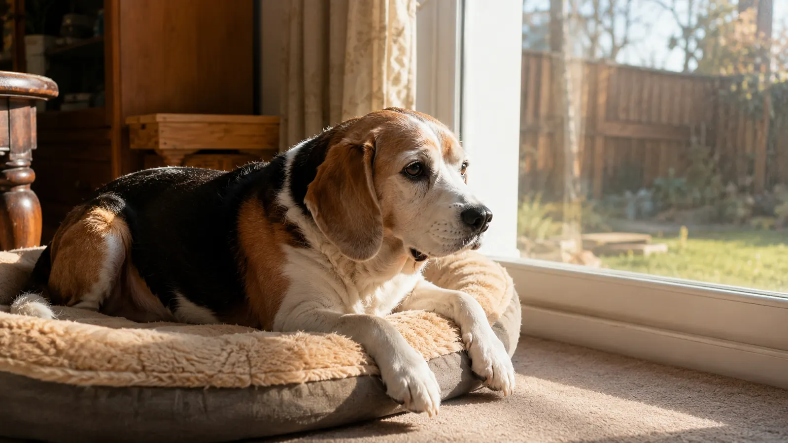 A senior Beagle lying calmly on a dog bed in late afternoon light, stiff posture but relaxed expression