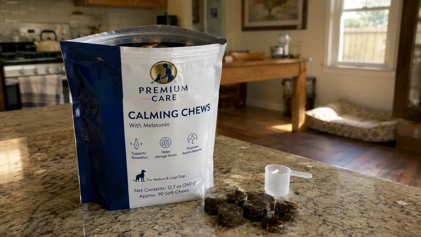 A bag of soft calming chew treats sitting open on a kitchen counter next to a small measuring scoop, morning light, no dog in frame