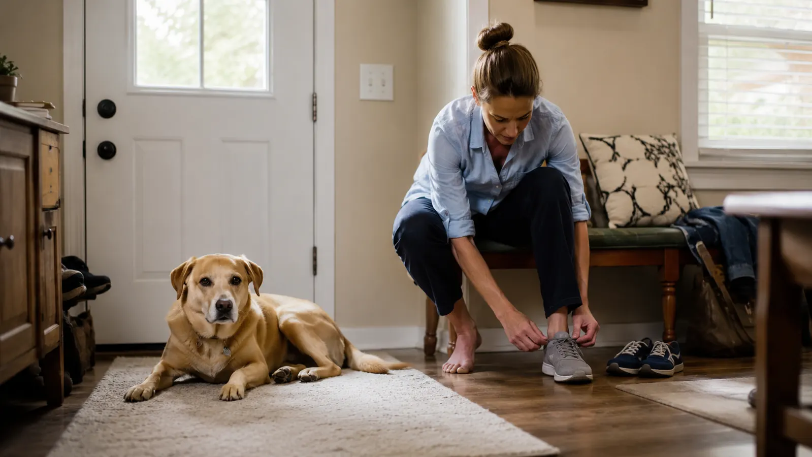 Lab mix dog resting calmly near the front door while its owner puts on shoes to leave for work
