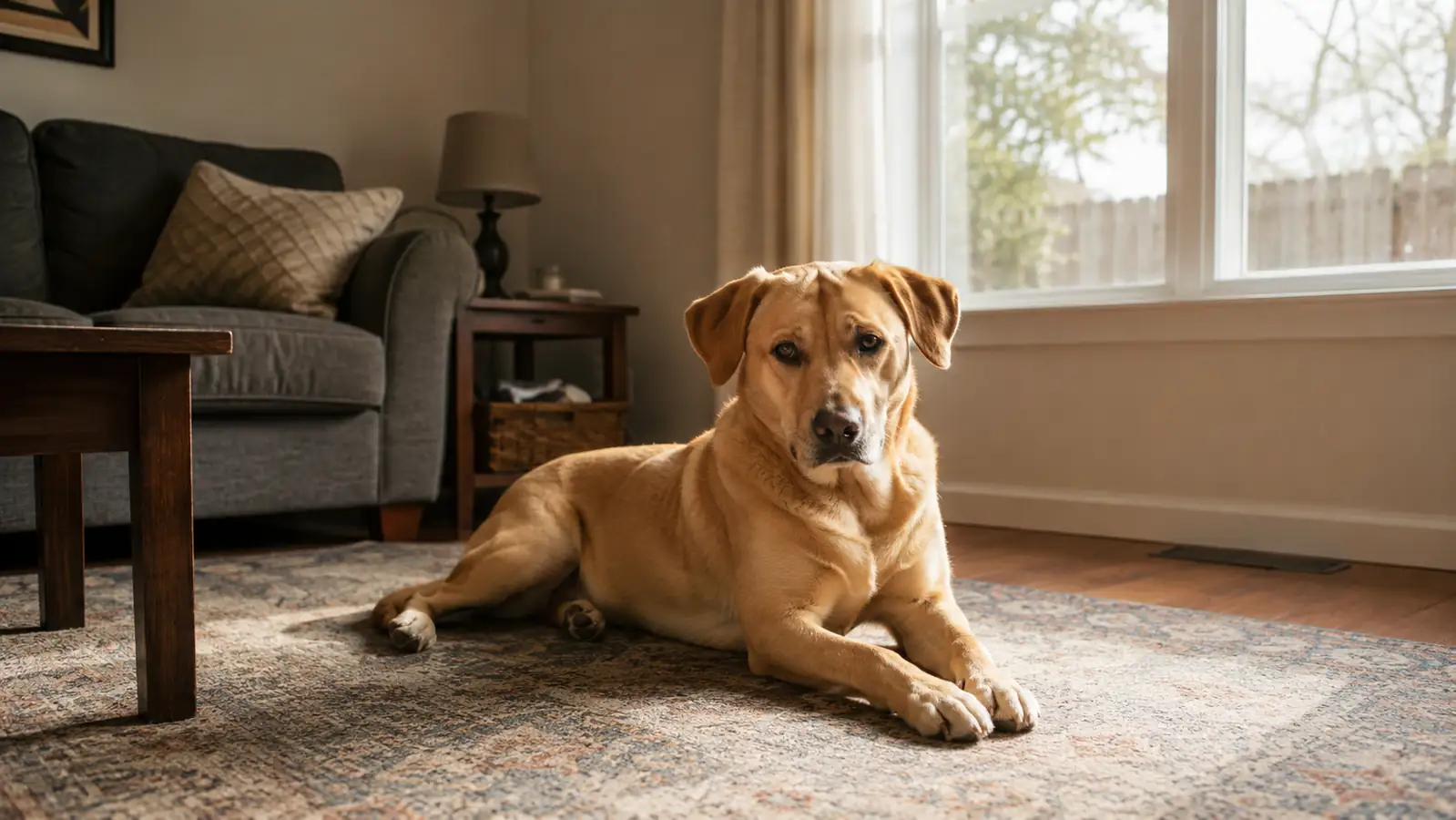 Lab mix dog lying relaxed on a rug in a small living room with soft afternoon light