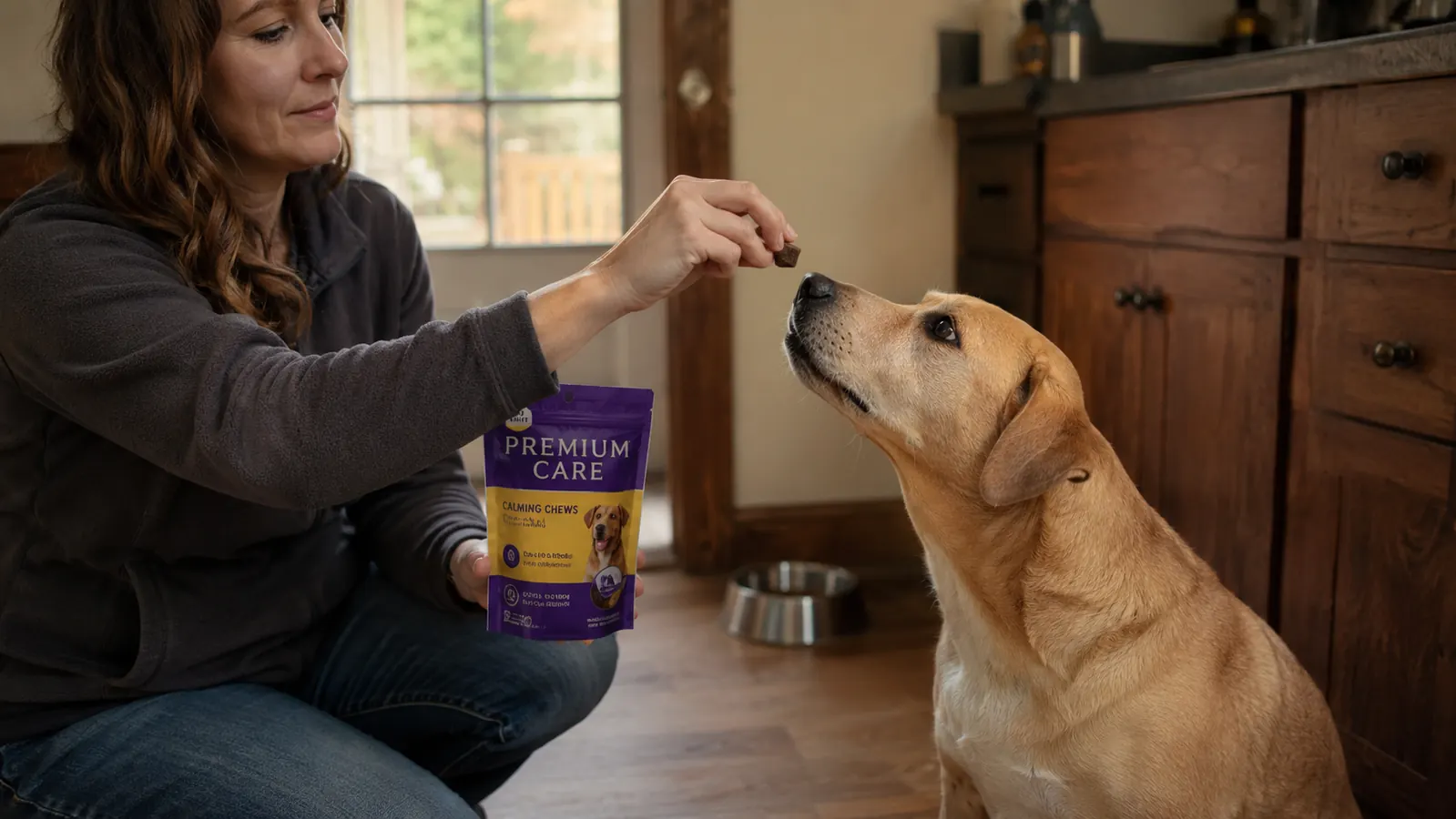 A hand holding a soft calming chew treat above a dog's nose in a kitchen