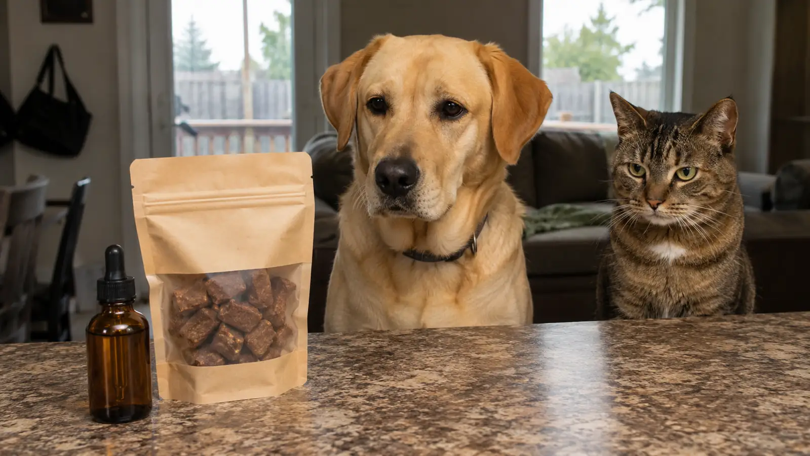 A small dropper bottle of oil sitting unopened on a counter next to a bag of soft chew treats, both closed, no branding visible