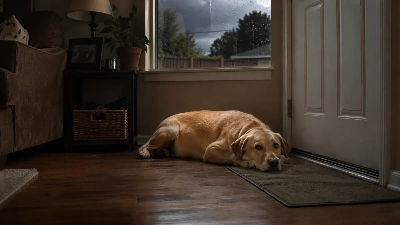 A stressed dog lying pressed against the floor near a front door during a thunderstorm, with rain visible through the window