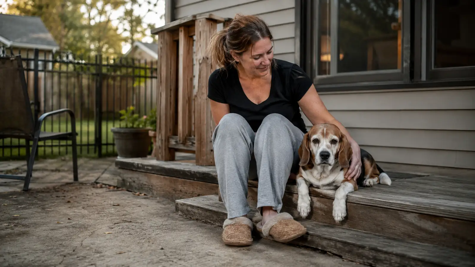 Owner and senior beagle sitting together on a fenced backyard patio, dog looking calmer and more settled