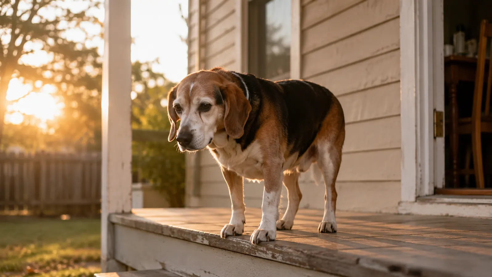 A senior beagle standing stiffly on a porch step in early morning light before her joint supplement
