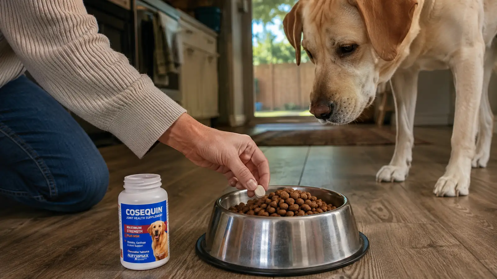 Hand placing a Cosequin chewable tablet on top of dry dog food in a stainless steel bowl