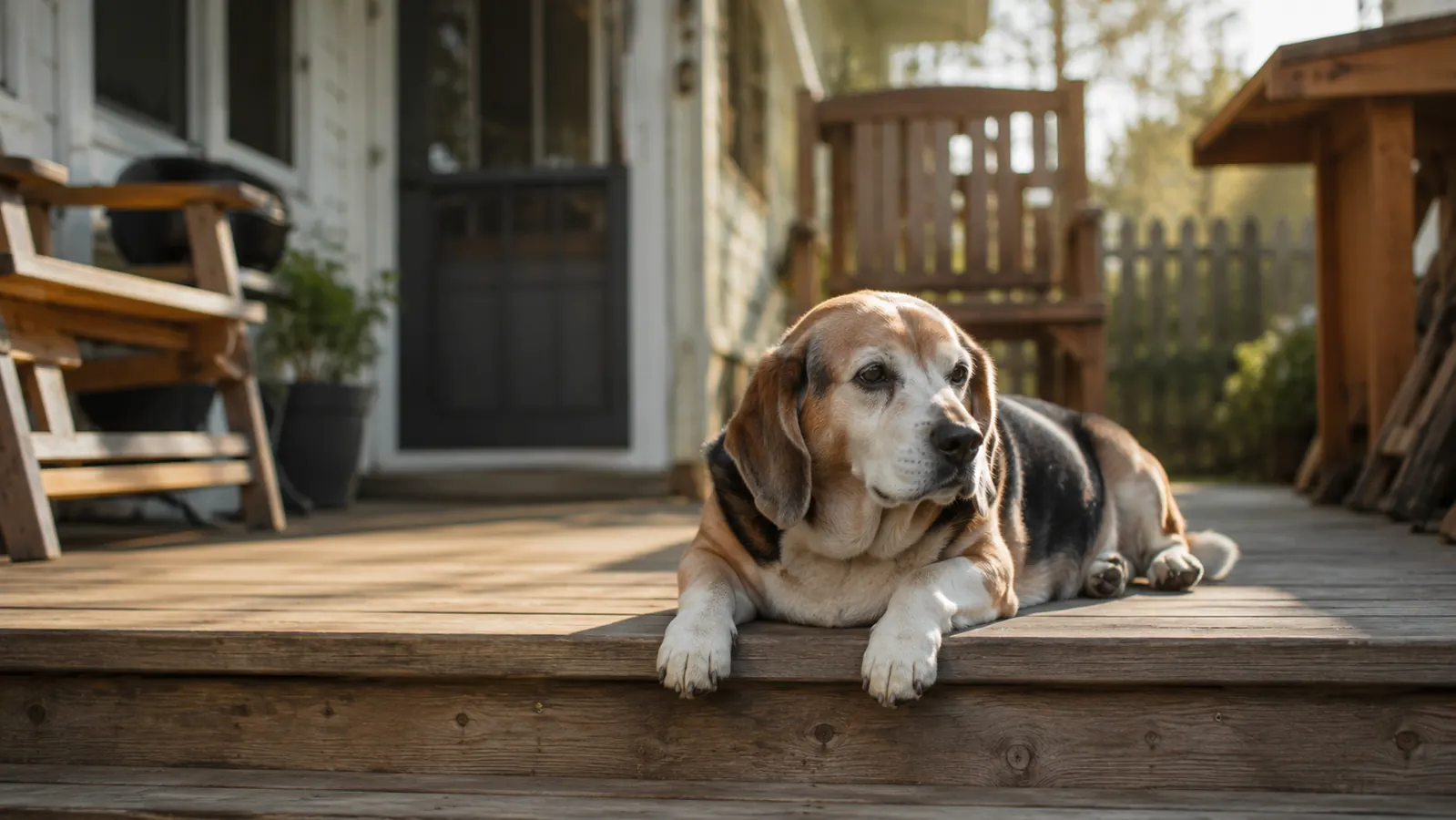 Senior Beagle resting comfortably on a porch in soft morning light