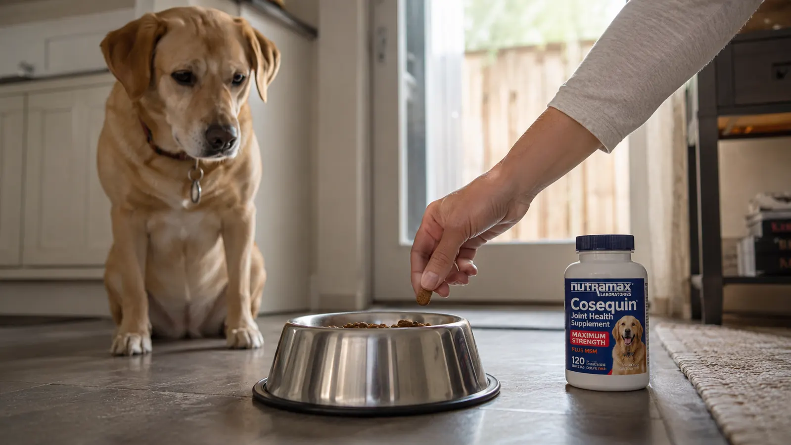 Woman's hand sprinkling a chewable joint supplement tablet into a dog's stainless steel food bowl