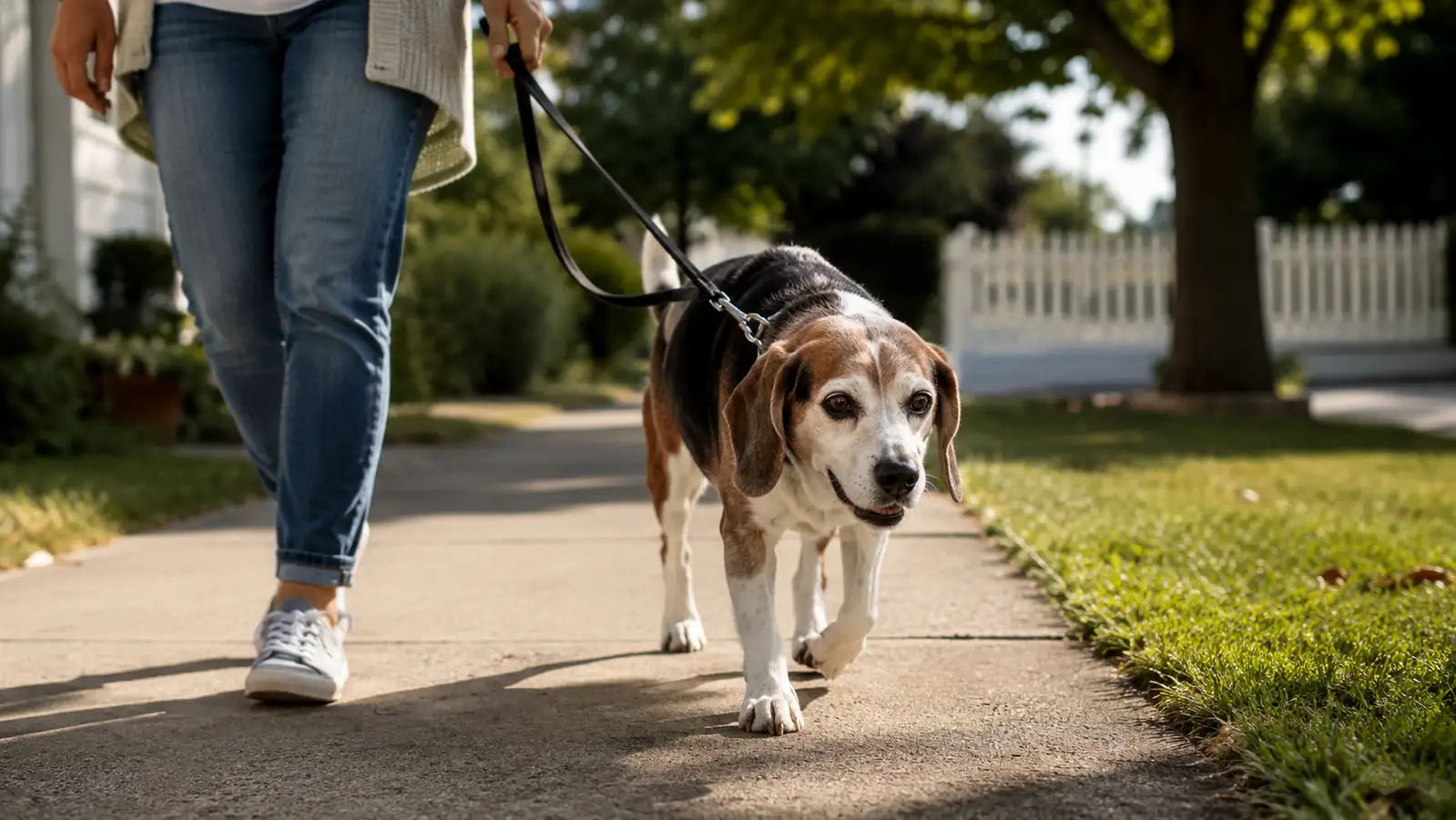 Senior beagle trotting down a sidewalk on a leash next to her owner during a neighborhood walk