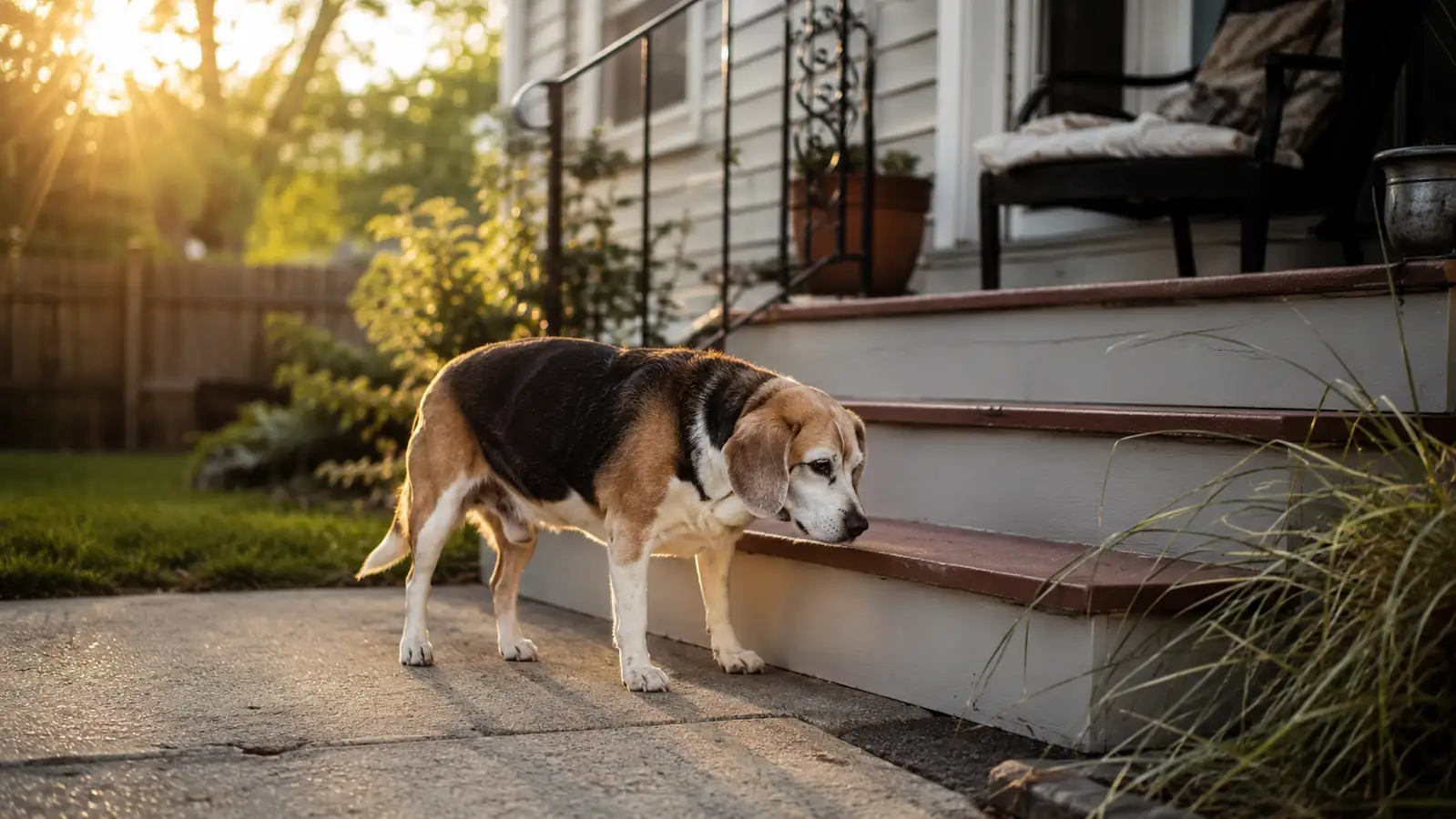 Senior beagle standing stiffly at the bottom of a few porch steps in early morning light