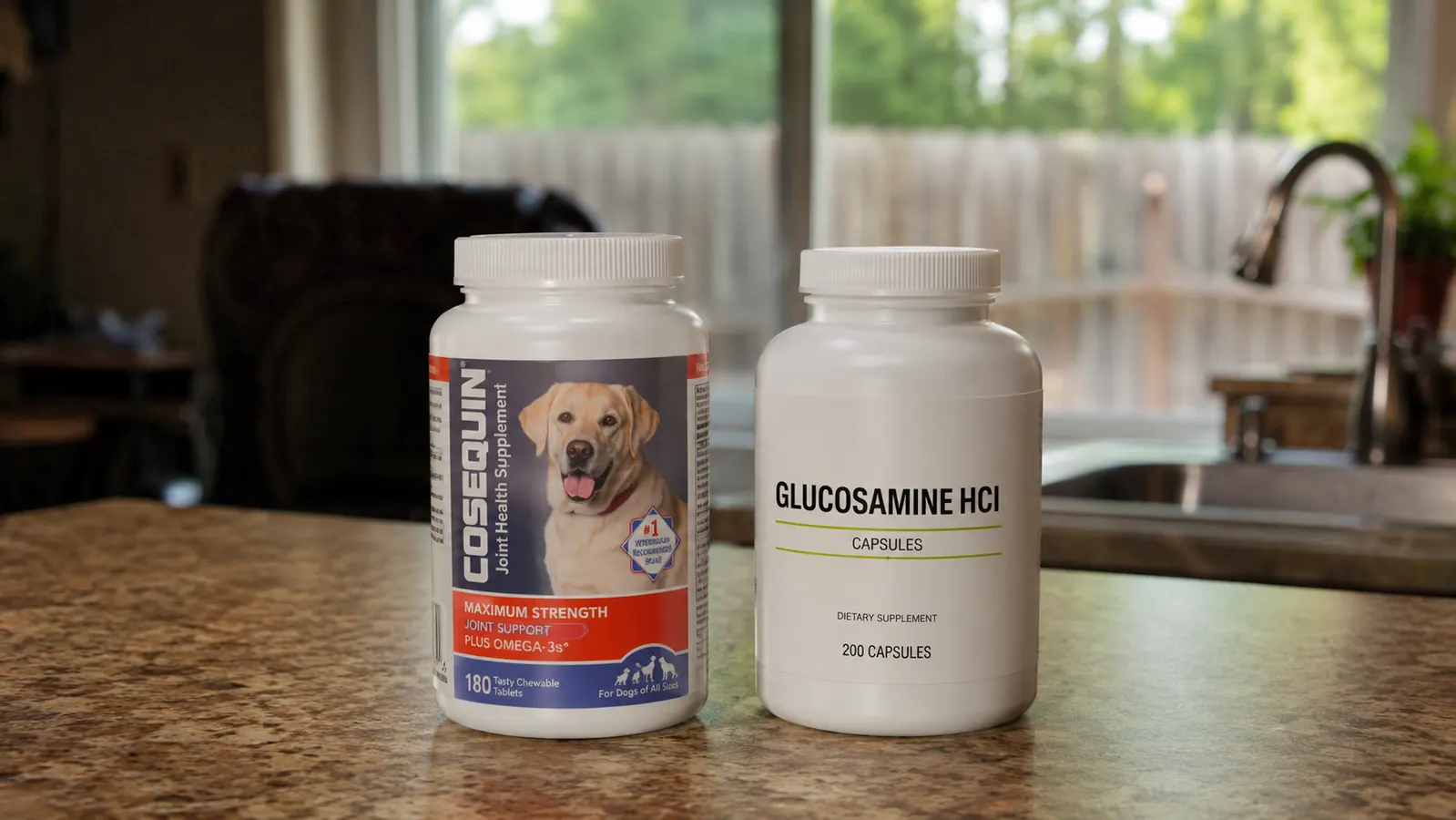 Two joint supplement bottles side by side on a kitchen counter, one labeled glucosamine chondroitin chewables and one plain glucosamine capsules