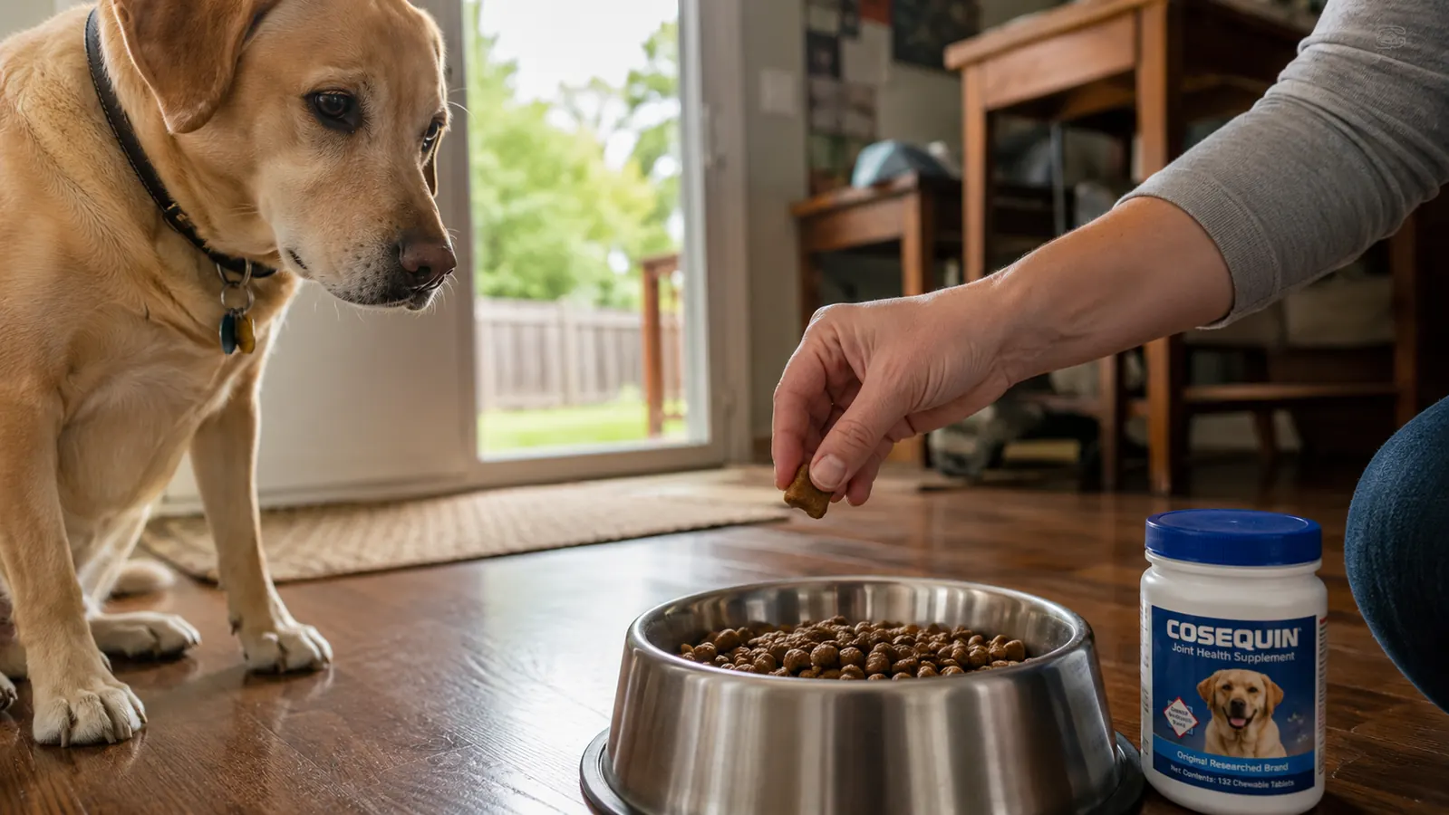 Hand sprinkling a joint chewable tablet into a dog's kibble bowl