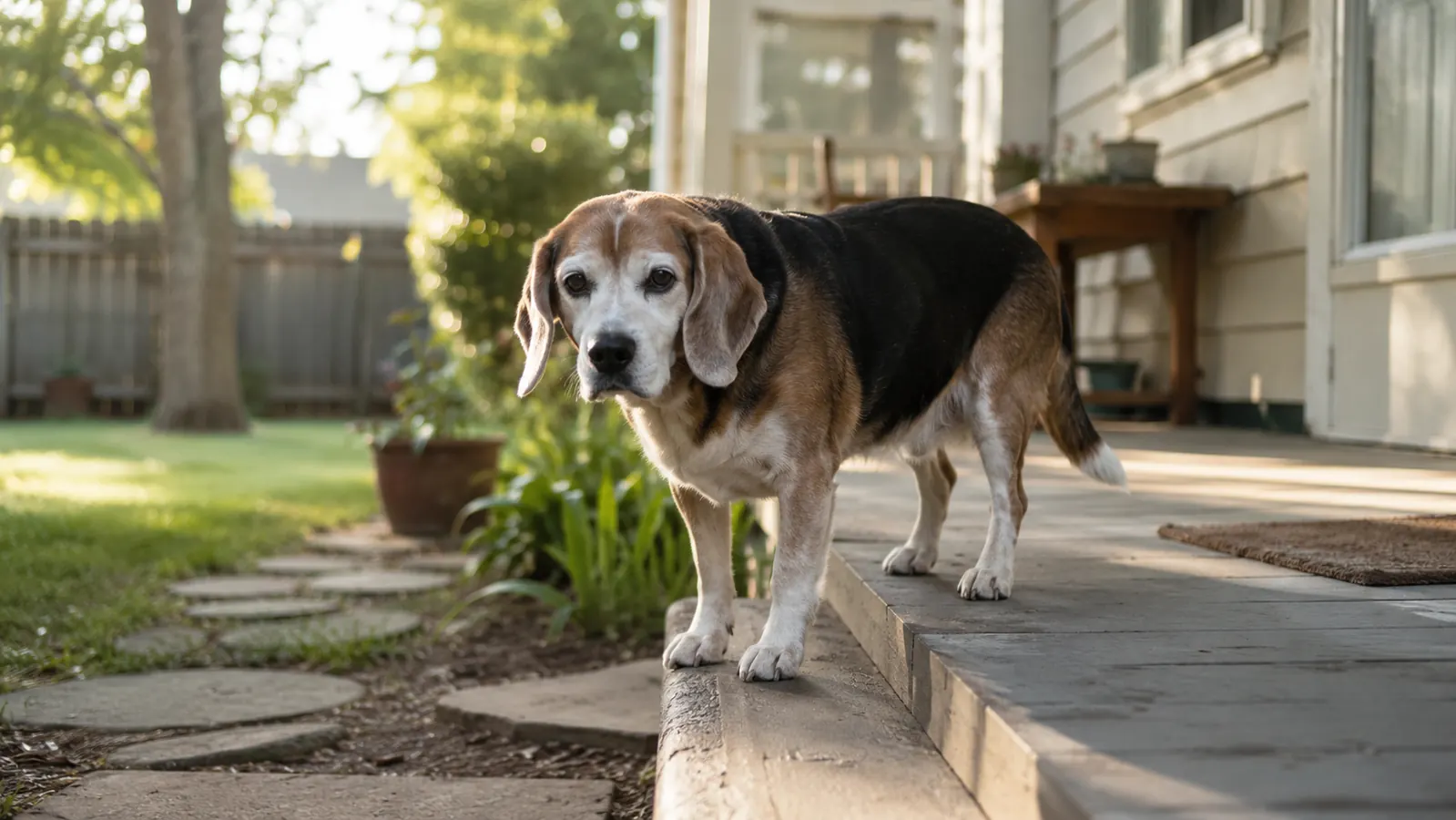 Senior Beagle standing on a porch step in morning light, favoring her back legs slightly
