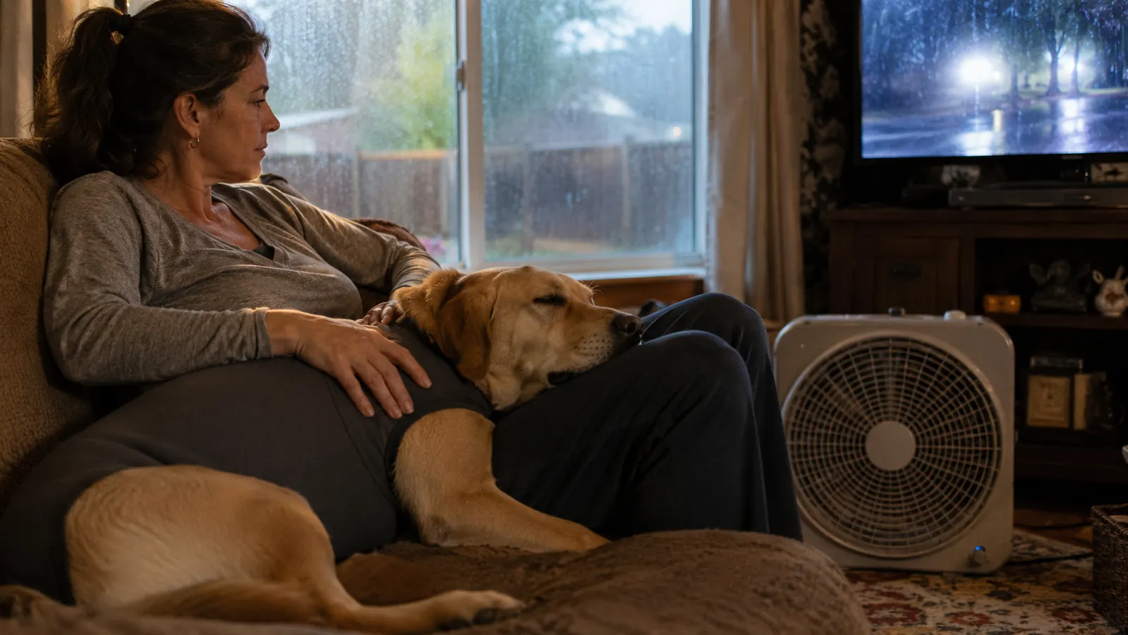 A dog wearing a snug anxiety wrap resting against its owner's legs on the couch during a storm