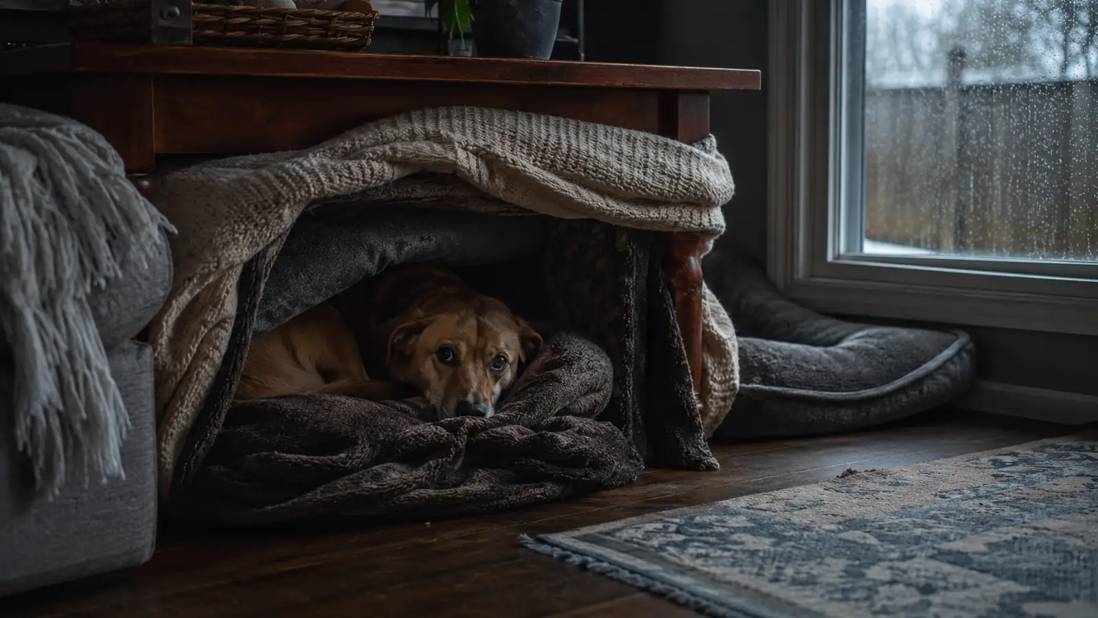 A Lab mix curled up tightly inside a covered den space in a small living room while rain streaks a nearby window