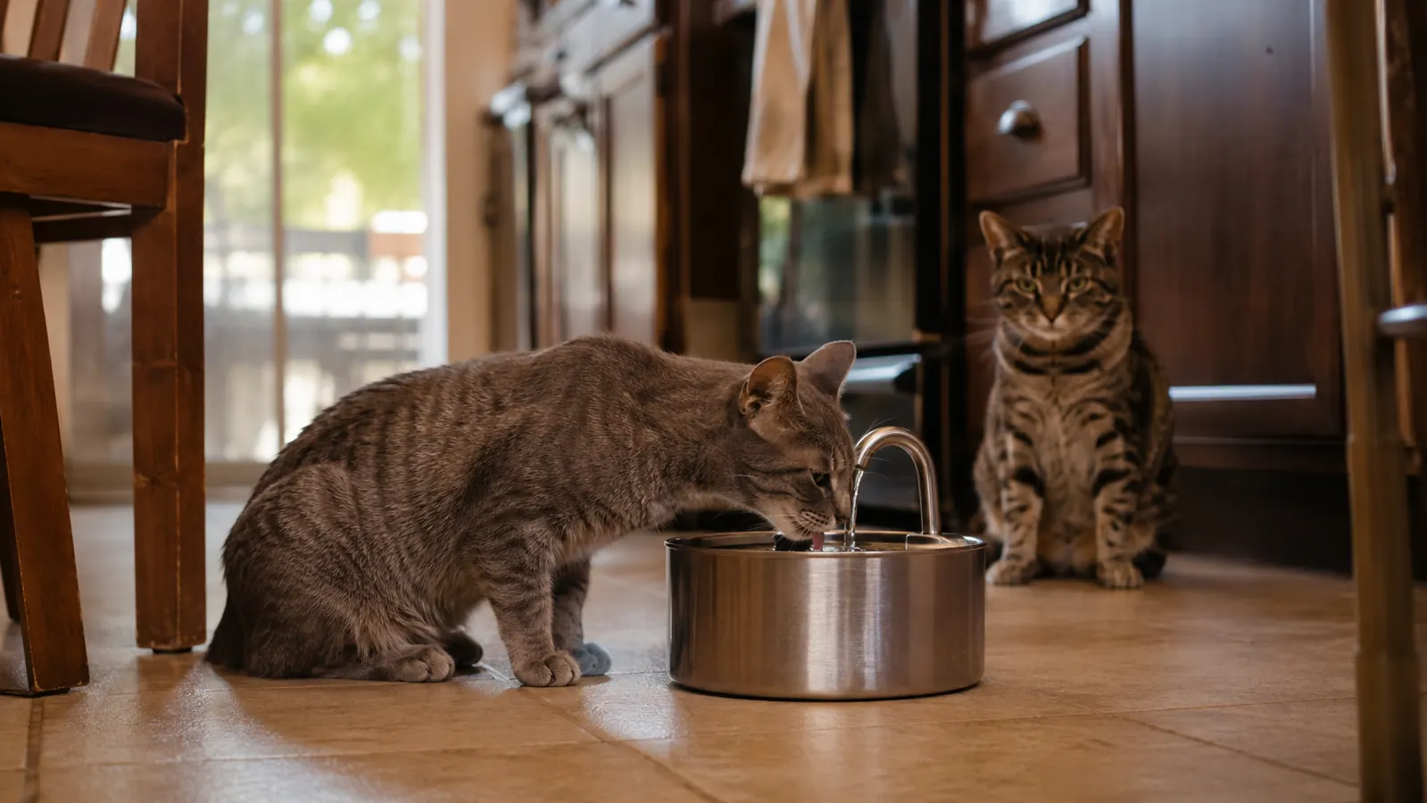 Gray tabby cat drinking from a running pet water fountain on a kitchen floor