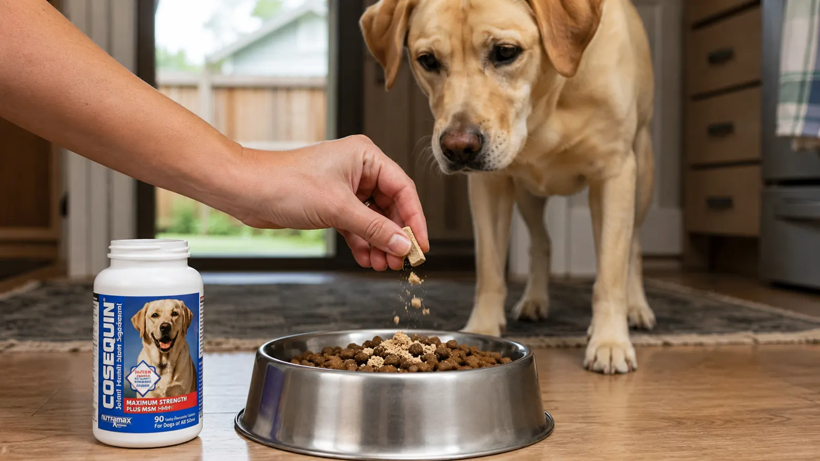 Hand sprinkling a chewable joint supplement tablet on top of dry kibble in a stainless steel dog bowl