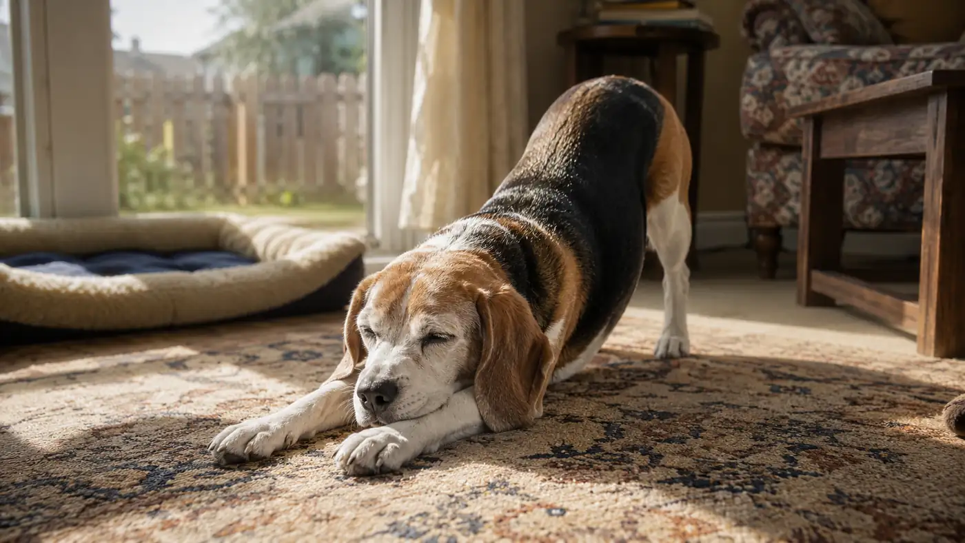 Senior Beagle stretching slowly on a rug in soft morning light after getting up from her bed
