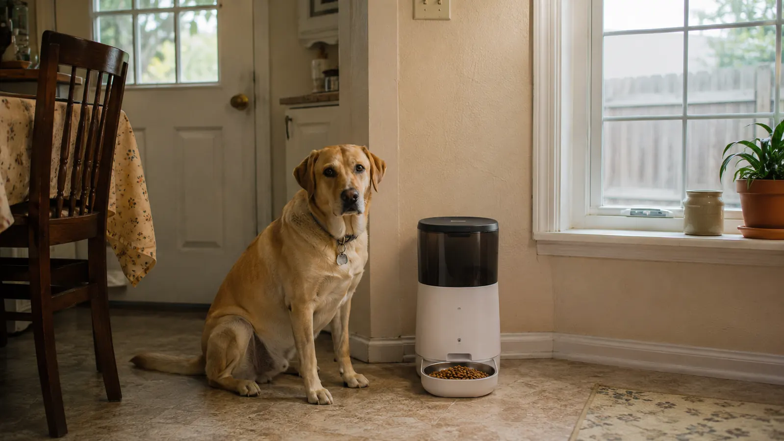 Lab mix dog sitting patiently in a small kitchen next to an automatic pet feeder, waiting for his next meal