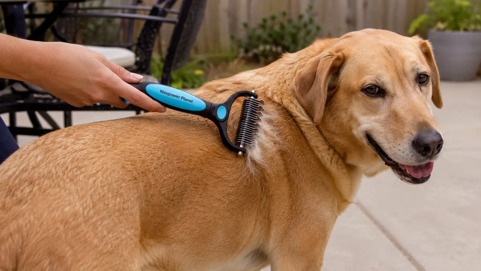 Hand using a double-sided undercoat rake to brush a Lab mix's back outdoors on a fenced patio
