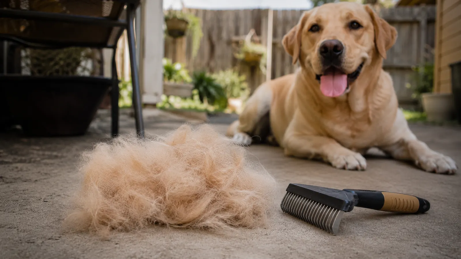 Small pile of brushed-out dog undercoat fur sitting on a fenced backyard patio next to a grooming brush