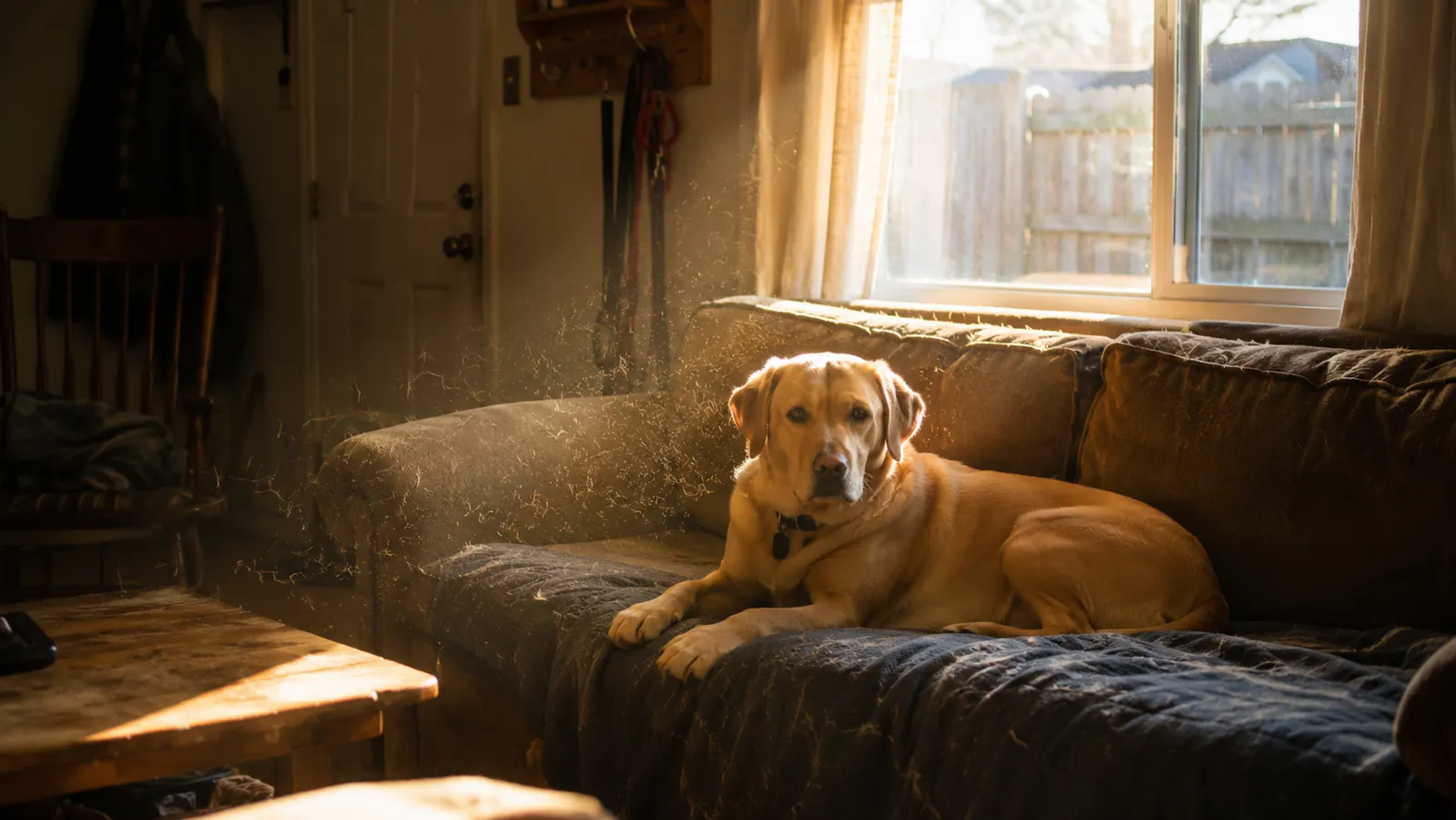 Golden afternoon light in a small living room with a faint drift of dog hair visible on a sunbeam near a couch