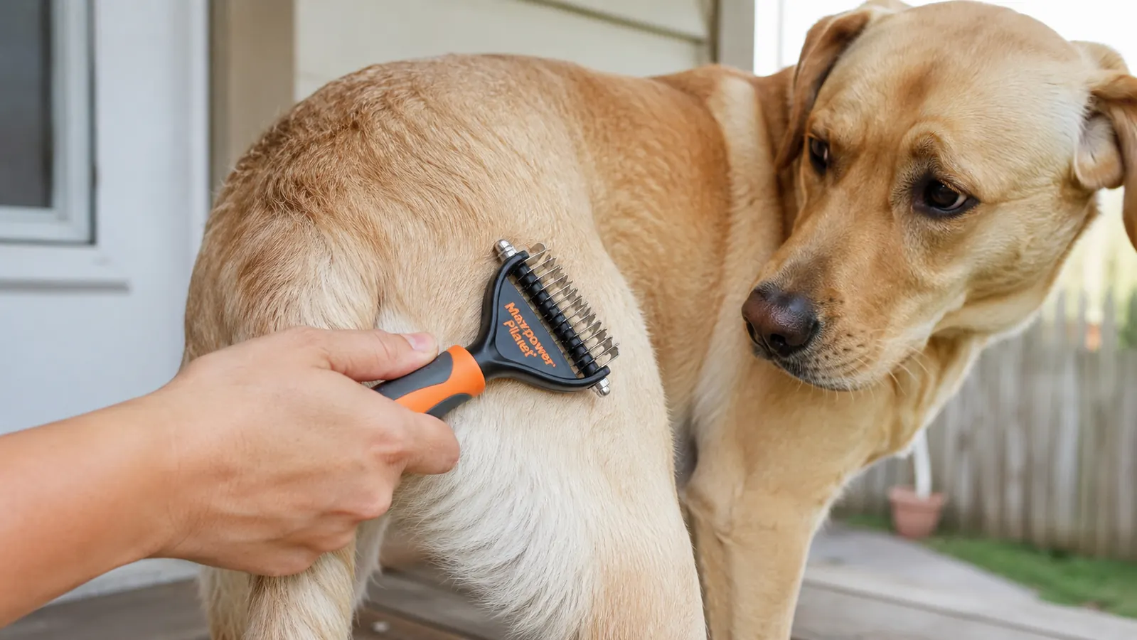 Close-up of a hand pressing a double-sided deshedding rake too firmly against a dog's hip while grooming