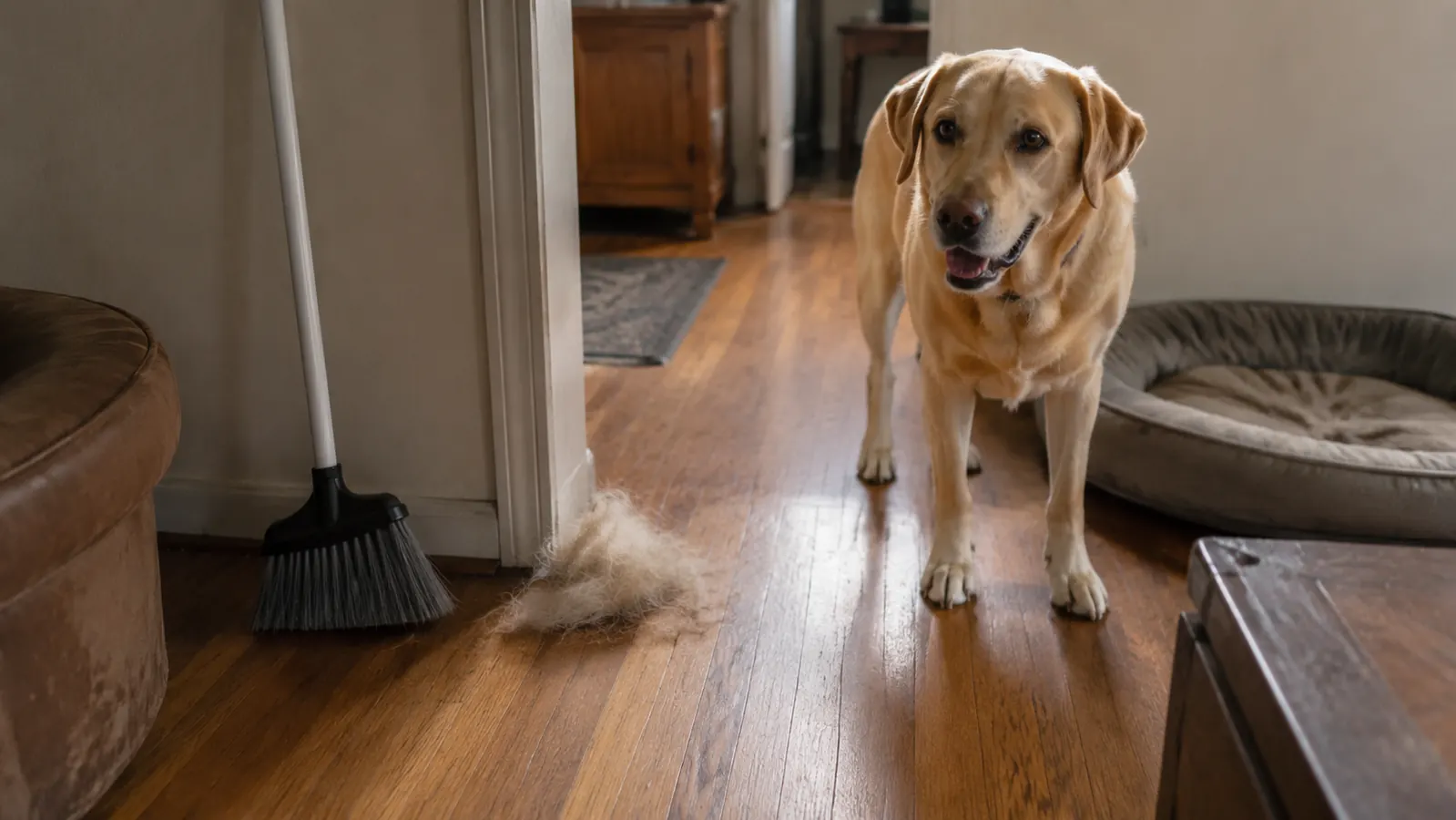 A small pile of loose dog undercoat fur swept into a corner of a hardwood floor next to a dog bed