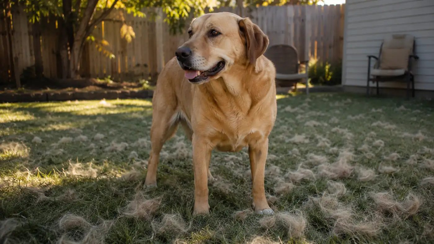 Lab mix dog standing outside surrounded by tufts of loose undercoat fur during shedding season