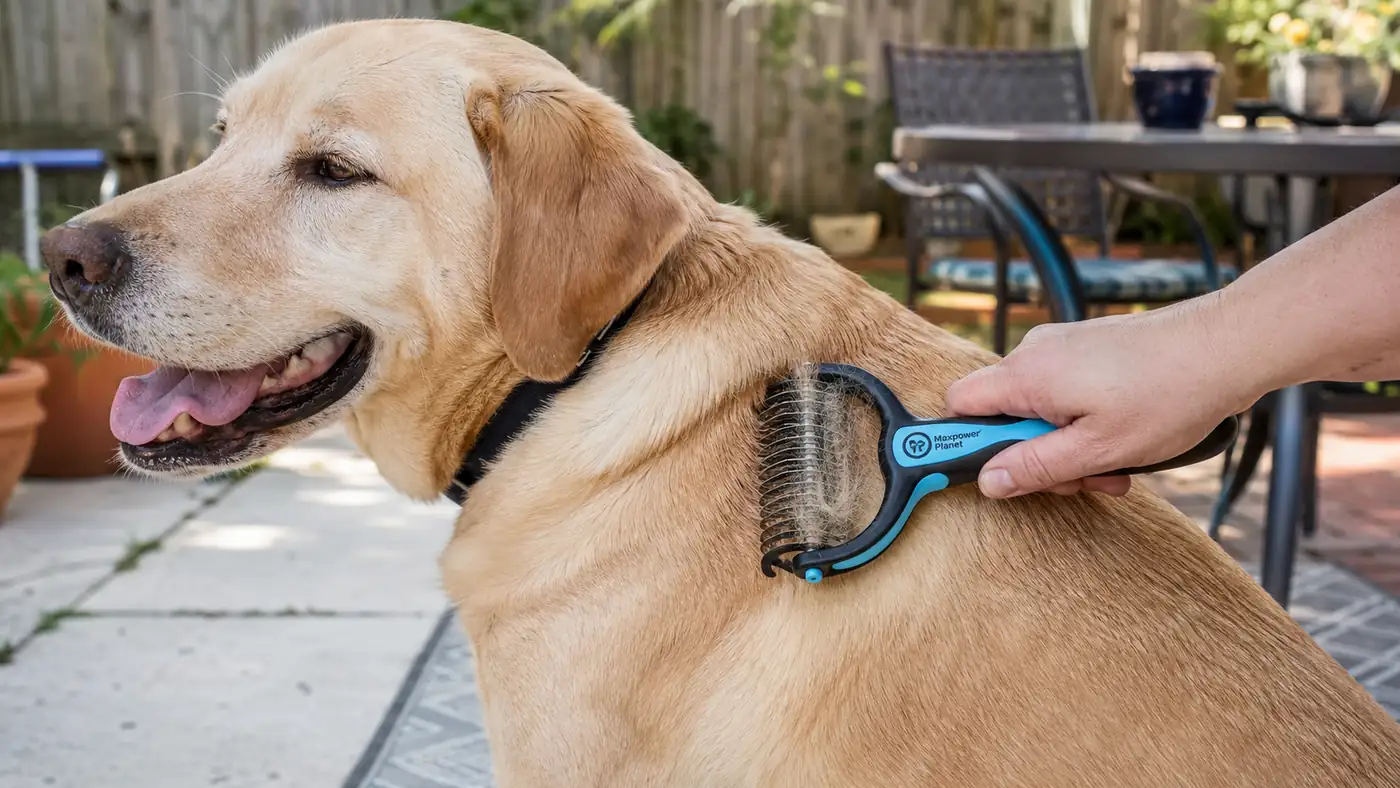 Hand using a double-sided grooming rake to brush a Lab mix dog's coat outside on a patio