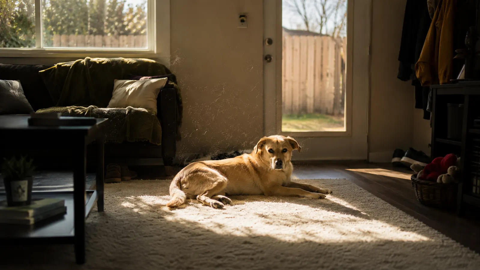 Golden light in a small living room with a Lab mix shedding on a rug, loose hair visible in a sunbeam