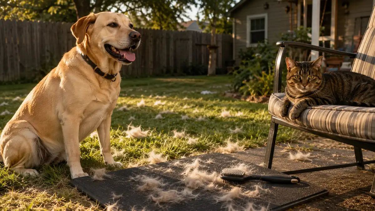 Golden afternoon light in a fenced backyard with clumps of loose dog hair drifting across the grass near a grooming mat