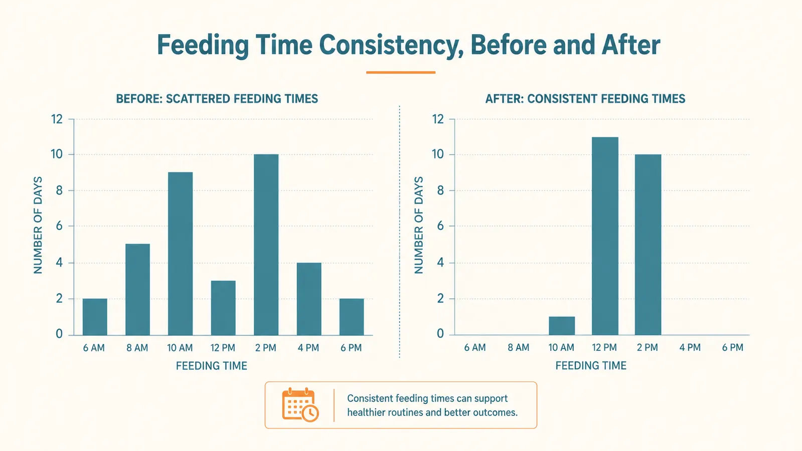 Chart showing feeding time consistency across a household's mornings before and after switching to a scheduled automatic feeder