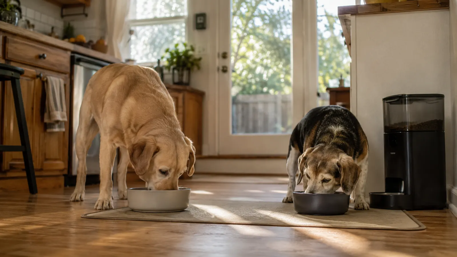 Calm kitchen scene with a Lab mix dog and a senior Beagle both eating from separate bowls while morning light comes through the window