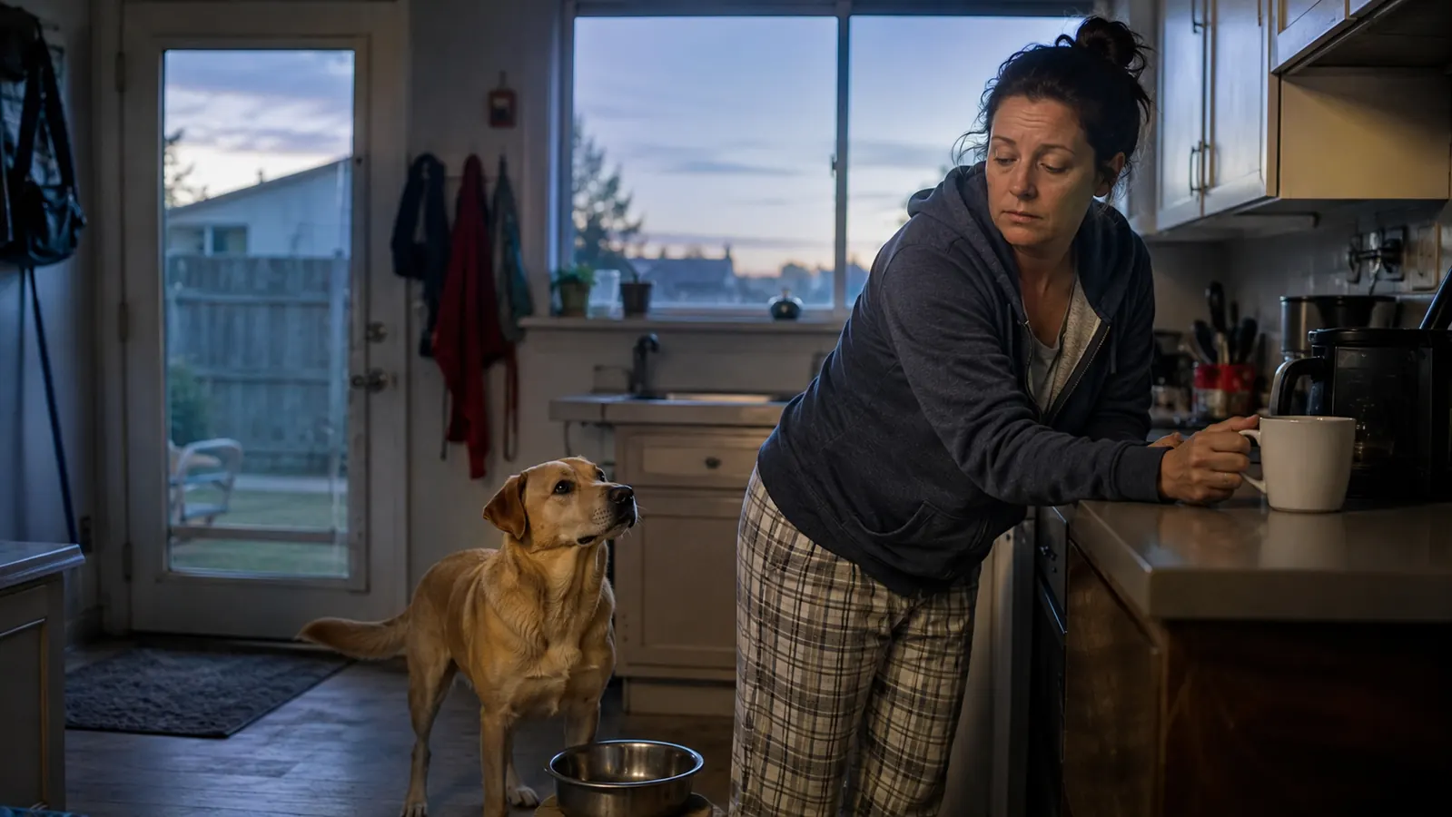 Dim kitchen at dawn with a Lab mix dog standing alert by an empty food bowl while a bleary-eyed owner reaches for a coffee mug