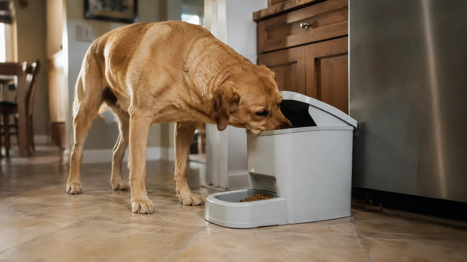 PetSafe automatic dog feeder on a kitchen floor with a Lab mix nosing at the lid, testing whether he can pry it open