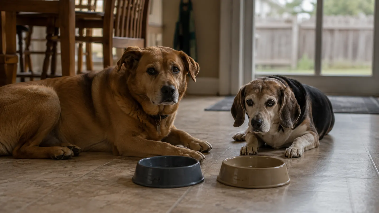 Senior Beagle and Lab mix both lying calmly by their empty food bowls in early evening light