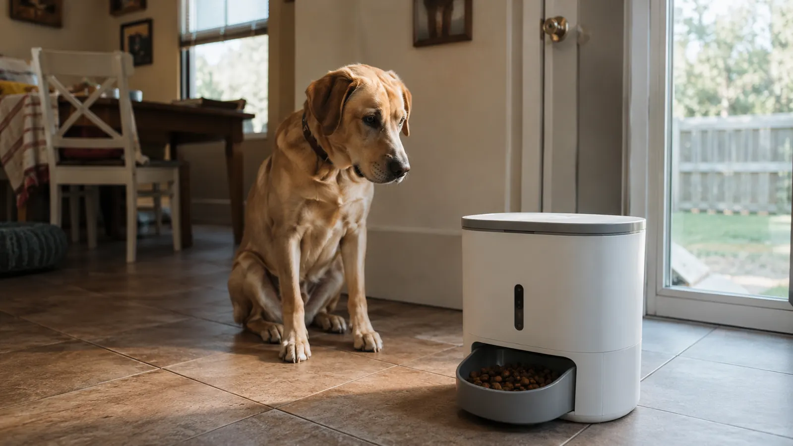 PetSafe automatic dog feeder sitting on a kitchen floor next to a food-motivated Lab mix waiting patiently